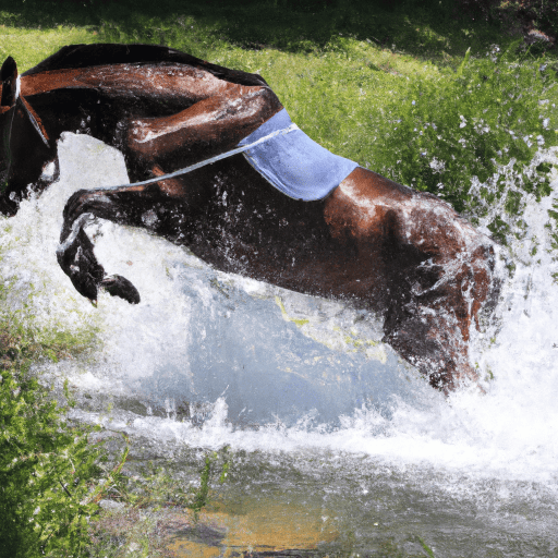 horse jumping a stream