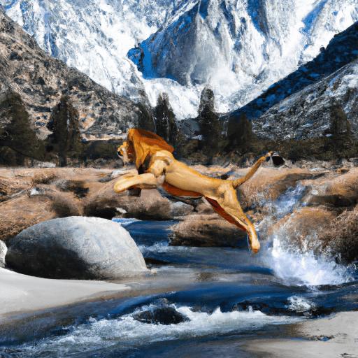 lion jumping a stream