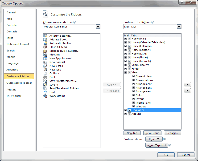 Enable Developer Tab Outlook 2010