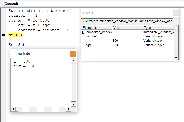 Code, Immediate, and Local Windows open with the variables changed