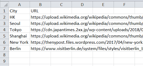 Excel Spreadsheet list of cities and download URLs
