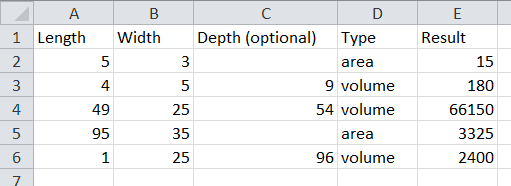 Filled table with area or volume in the type column