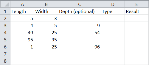 5 column table with length, width, optional depth, and type and result