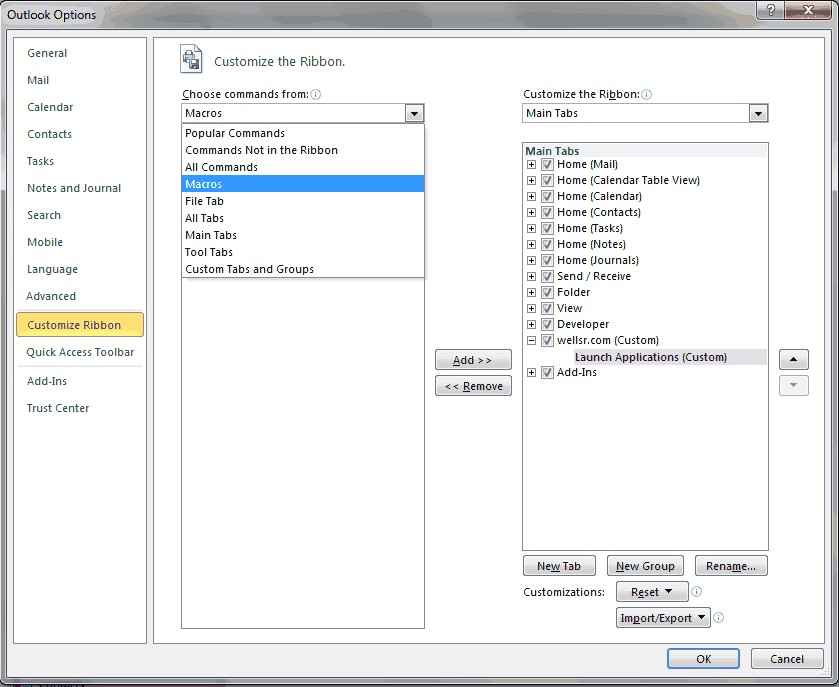 Add Outlook Macro to Custom Group