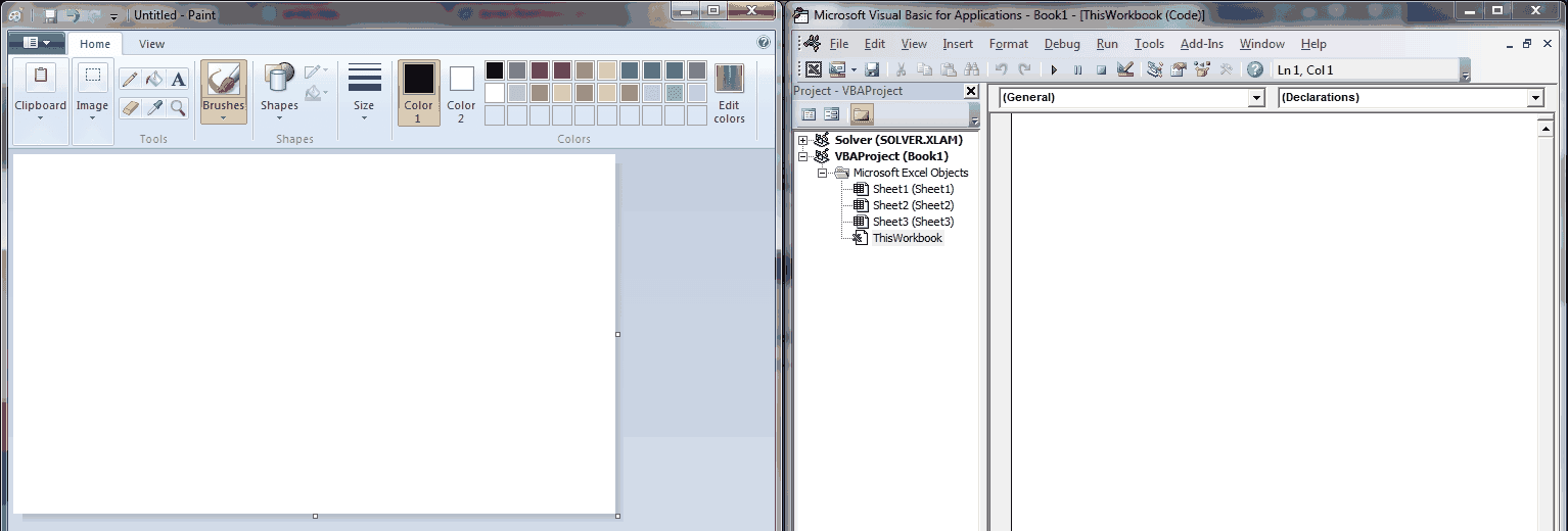 MS Paint and VBA Editor Side by Side