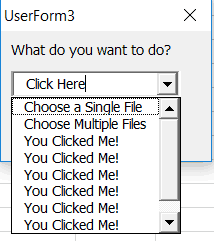 Userform with opened dropdown and several added items