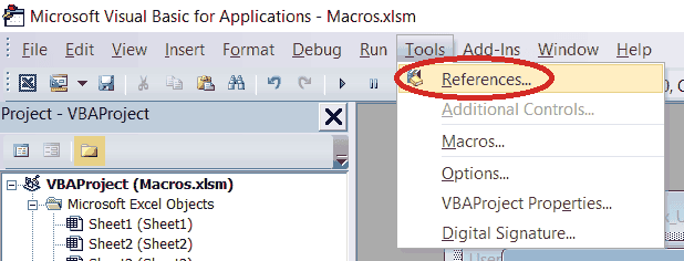 Tools>References in VBA Editor