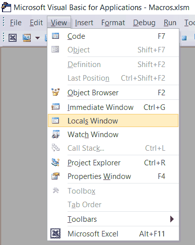 Opened View menu and Locals window highlighted