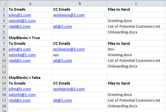 Three Ranges with SkipBlanks=TRUE or SkipBlanks = FALSE