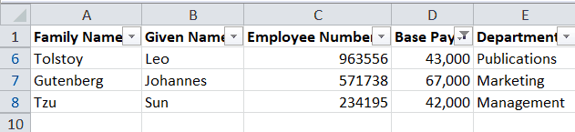 Table filtered on base pay between $40,000 and $70,000