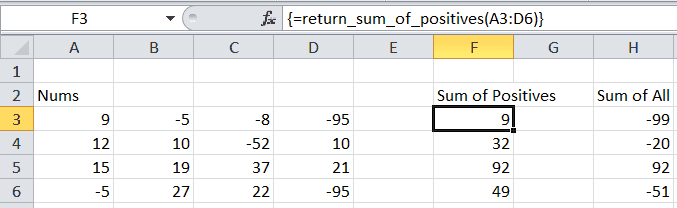 Spreadsheet with the input array, our function, and the normal sum function