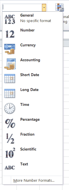 Dropdown Menu Showing Common Excel Cell Formats