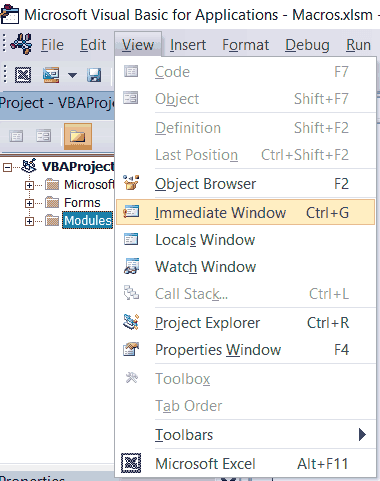 View Menu Dropdown with Immediate Window Highlighted