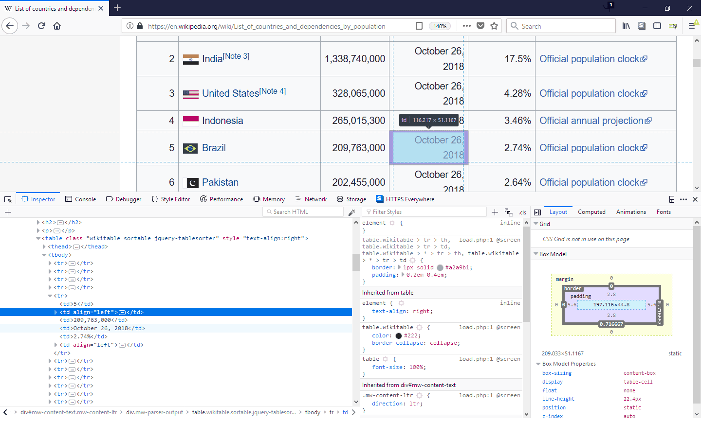 FireFox Dev Tools Window with a Section Highlighted