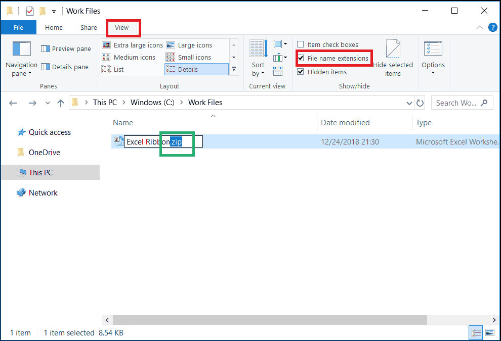 Folder with View panel open and a change of file extension