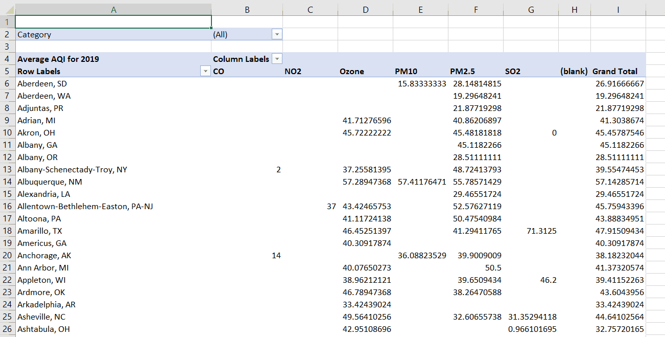 Full Pivot Table with Particulate Type