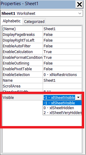 Properties Window for Sheet1