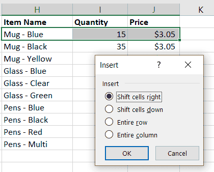 Excel GUI Shift Down or Right
