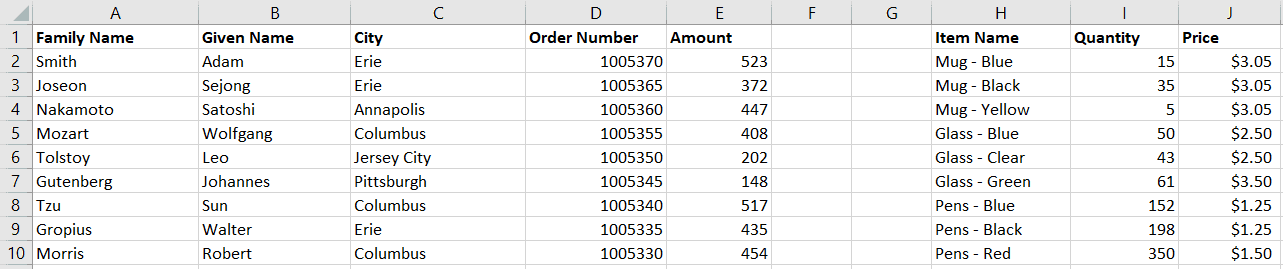 Small Excel table