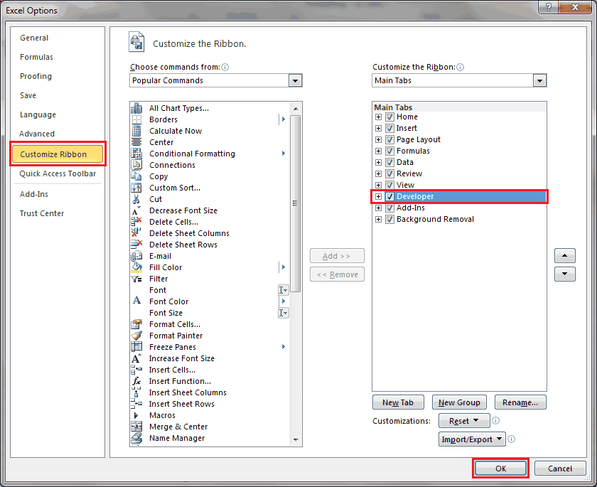 how to get developer tab in excel